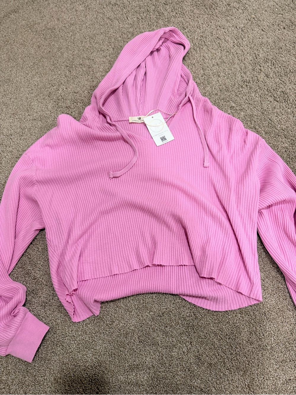 NWT Cropped Waffle-Knit Hoodie in Bright Pink